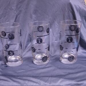 Libbey Old Coin high ball Set of 3 Clear Glasses with Black Design. Call outs.